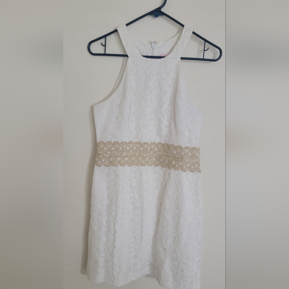 Lilly Pulitzer White Lace Mini Dress with Gold Lace Waistband